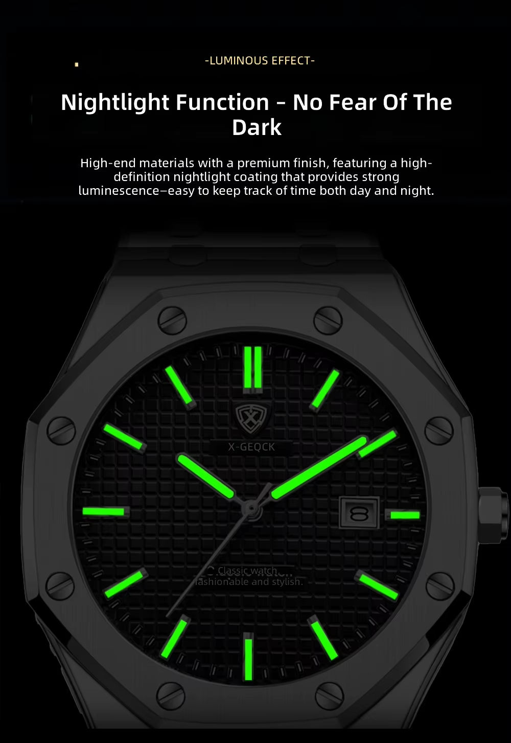 X-GEQCK Men's Watch Big Dial Silver Stainless Steel Strap Calendar Quartz Watches Waterproof Luminous Male Classic Wristwatches