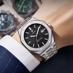 X-GEQCK Men's Watch Big Dial Silver Stainless Steel Strap Calendar Quartz Watches Waterproof Luminous Male Classic Wristwatches