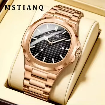Fashionable Luxury Rose Gold square Men's Quartz Watch Waterproof Luminous Calendar Dating Men's Stainless Steel Strap