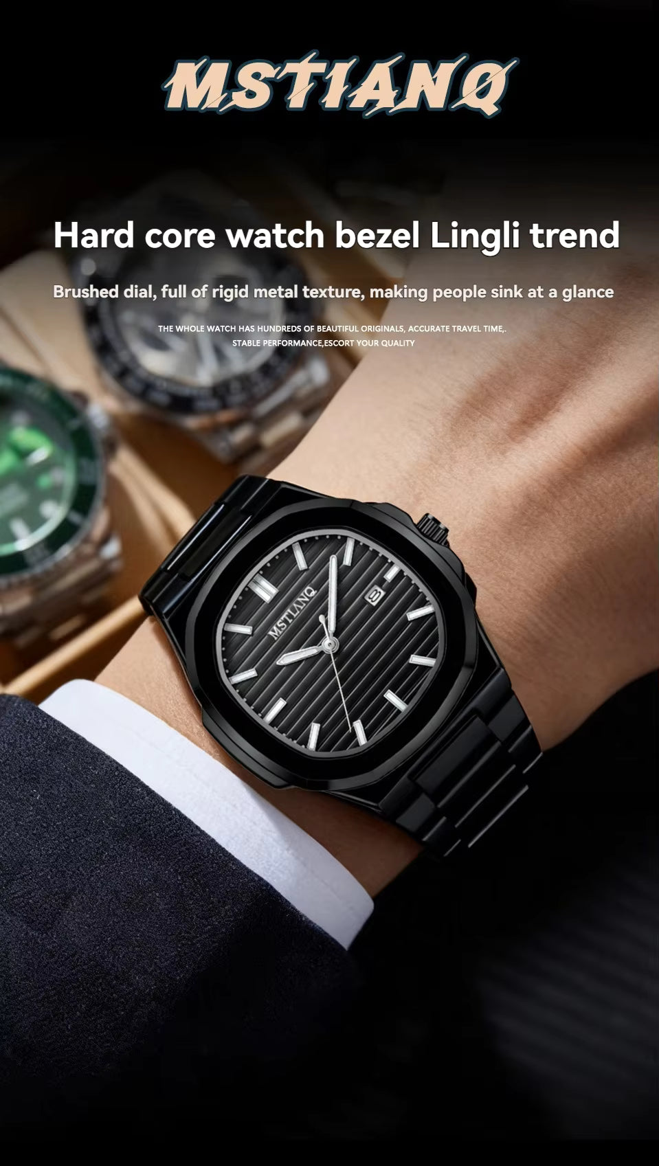 Fashionable Luxury Rose Gold square Men's Quartz Watch Waterproof Luminous Calendar Dating Men's Stainless Steel Strap