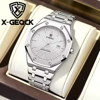 X-GEQCK Men's Watch Big Dial Silver Stainless Steel Strap Calendar Quartz Watches Waterproof Luminous Male Classic Wristwatches