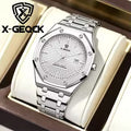 X-GEQCK Men's Watch Big Dial Silver Stainless Steel Strap Calendar Quartz Watches Waterproof Luminous Male Classic Wristwatches