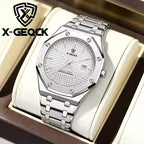 X-GEQCK Men's Watch Big Dial Silver Stainless Steel Strap Calendar Quartz Watches Waterproof Luminous Male Classic Wristwatches
