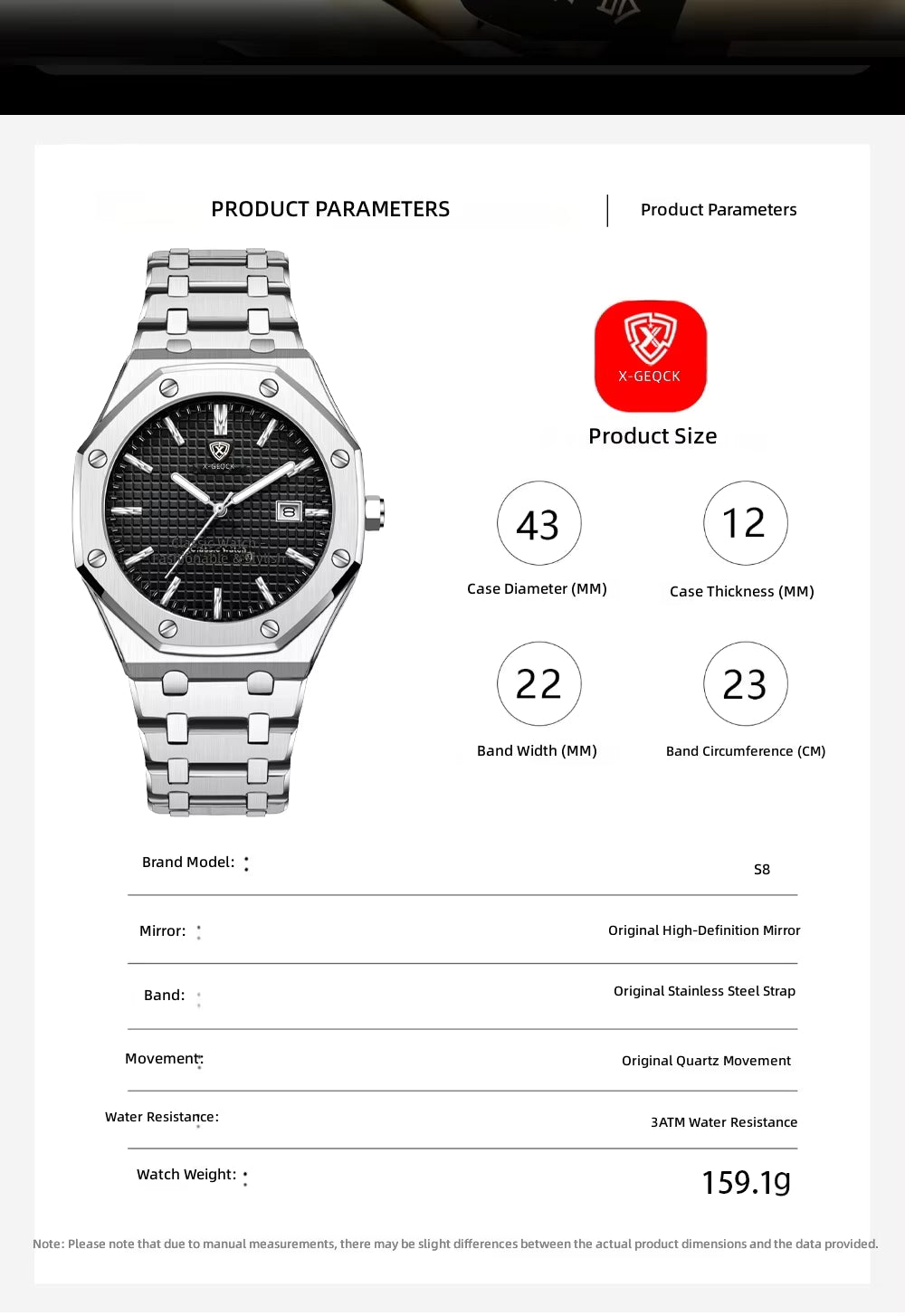 X-GEQCK Men's Watch Big Dial Silver Stainless Steel Strap Calendar Quartz Watches Waterproof Luminous Male Classic Wristwatches