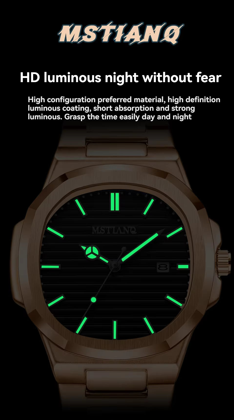 Fashionable Luxury Rose Gold square Men's Quartz Watch Waterproof Luminous Calendar Dating Men's Stainless Steel Strap