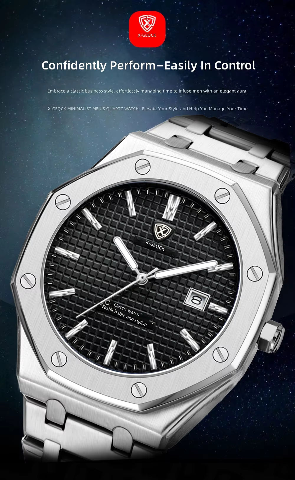 X-GEQCK Men's Watch Big Dial Silver Stainless Steel Strap Calendar Quartz Watches Waterproof Luminous Male Classic Wristwatches