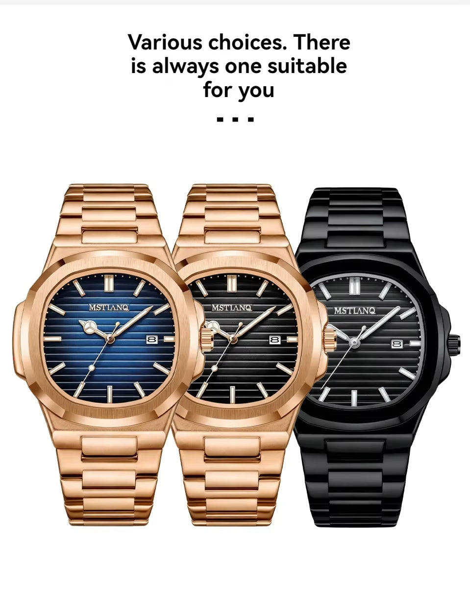 Fashionable Luxury Rose Gold square Men's Quartz Watch Waterproof Luminous Calendar Dating Men's Stainless Steel Strap