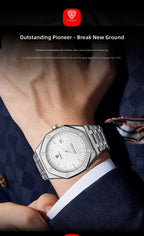 X-GEQCK Men's Watch Big Dial Silver Stainless Steel Strap Calendar Quartz Watches Waterproof Luminous Male Classic Wristwatches