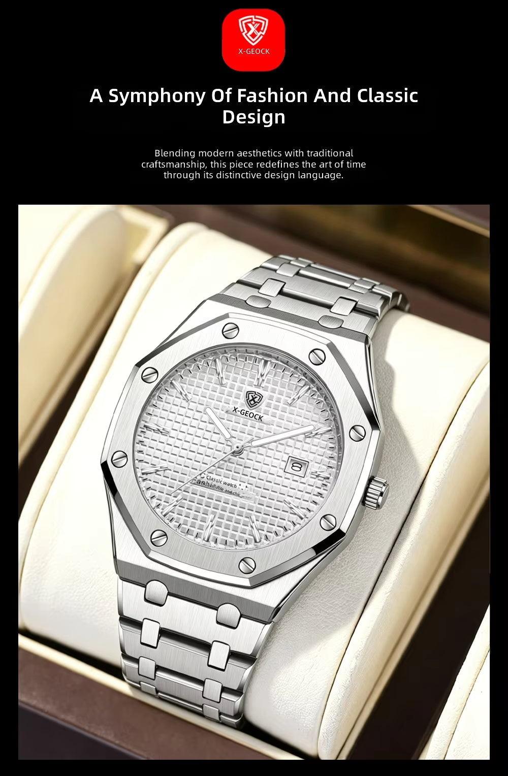 X-GEQCK Men's Watch Big Dial Silver Stainless Steel Strap Calendar Quartz Watches Waterproof Luminous Male Classic Wristwatches
