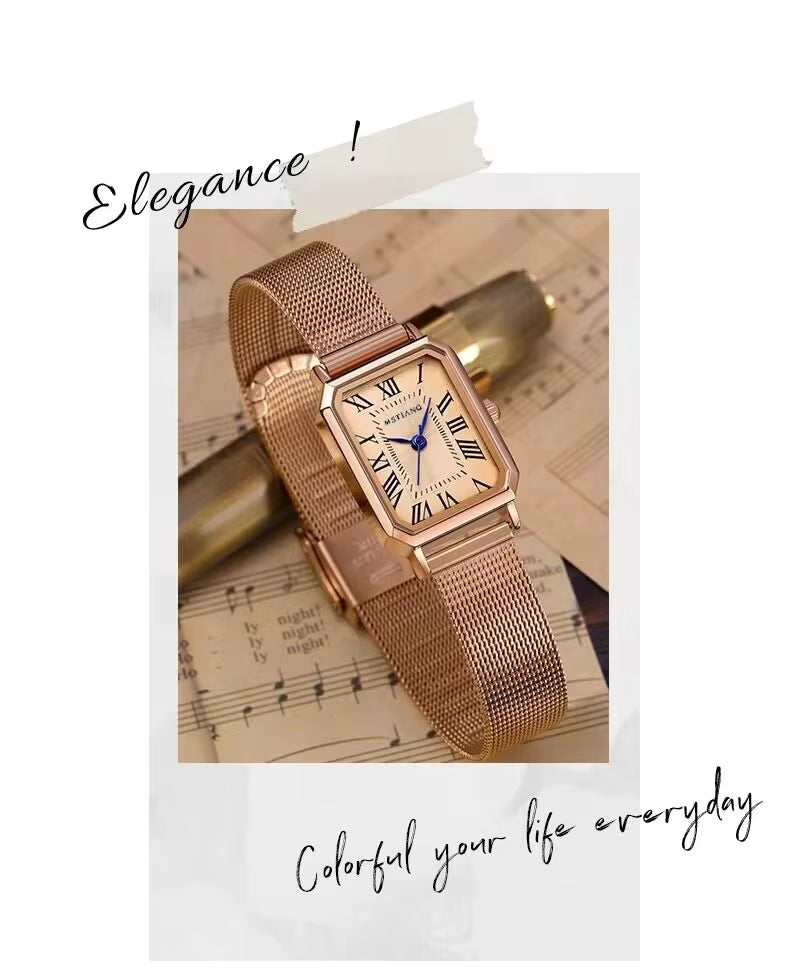 Classic Rectangular Roman Numerals Fashionable Women's Watch Rose Gold Life Waterproof Quartz Watch