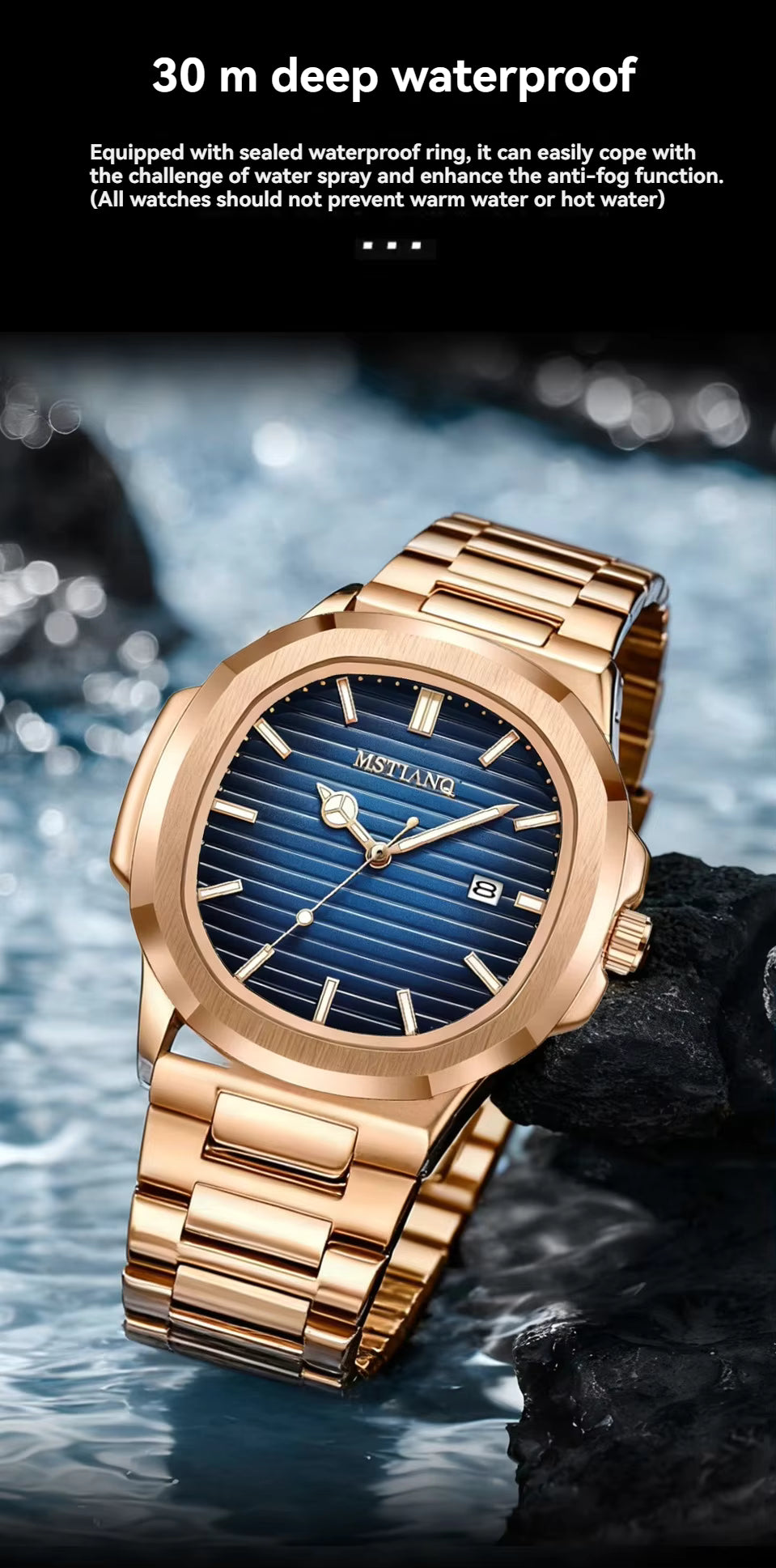 Fashionable Luxury Rose Gold square Men's Quartz Watch Waterproof Luminous Calendar Dating Men's Stainless Steel Strap