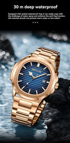 Fashionable Luxury Rose Gold square Men's Quartz Watch Waterproof Luminous Calendar Dating Men's Stainless Steel Strap
