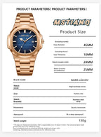 Fashionable Luxury Rose Gold square Men's Quartz Watch Waterproof Luminous Calendar Dating Men's Stainless Steel Strap
