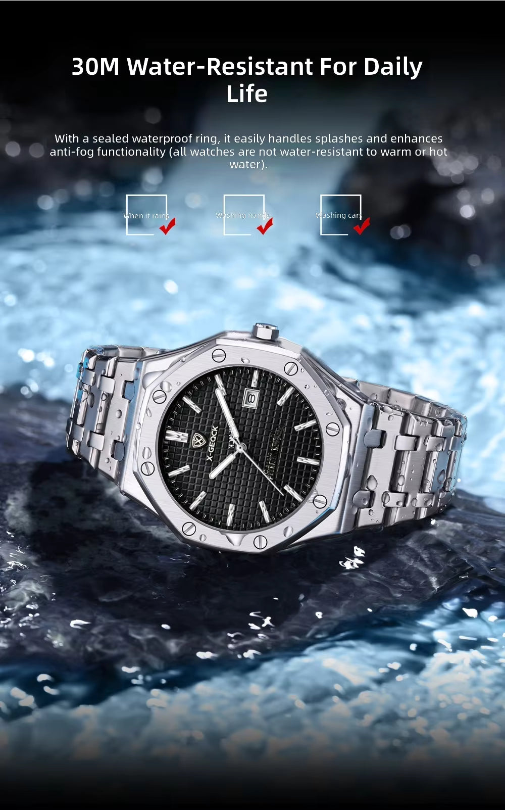 X-GEQCK Men's Watch Big Dial Silver Stainless Steel Strap Calendar Quartz Watches Waterproof Luminous Male Classic Wristwatches