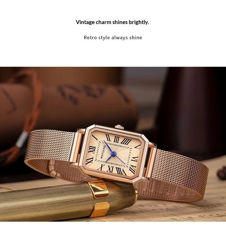 Classic Rectangular Roman Numerals Fashionable Women's Watch Rose Gold Life Waterproof Quartz Watch