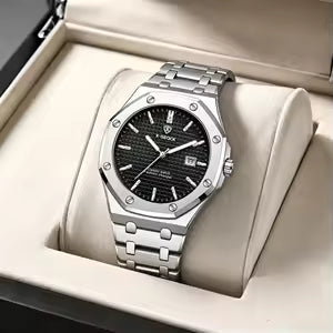 X-GEQCK Men's Watch Big Dial Silver Stainless Steel Strap Calendar Quartz Watches Waterproof Luminous Male Classic Wristwatches