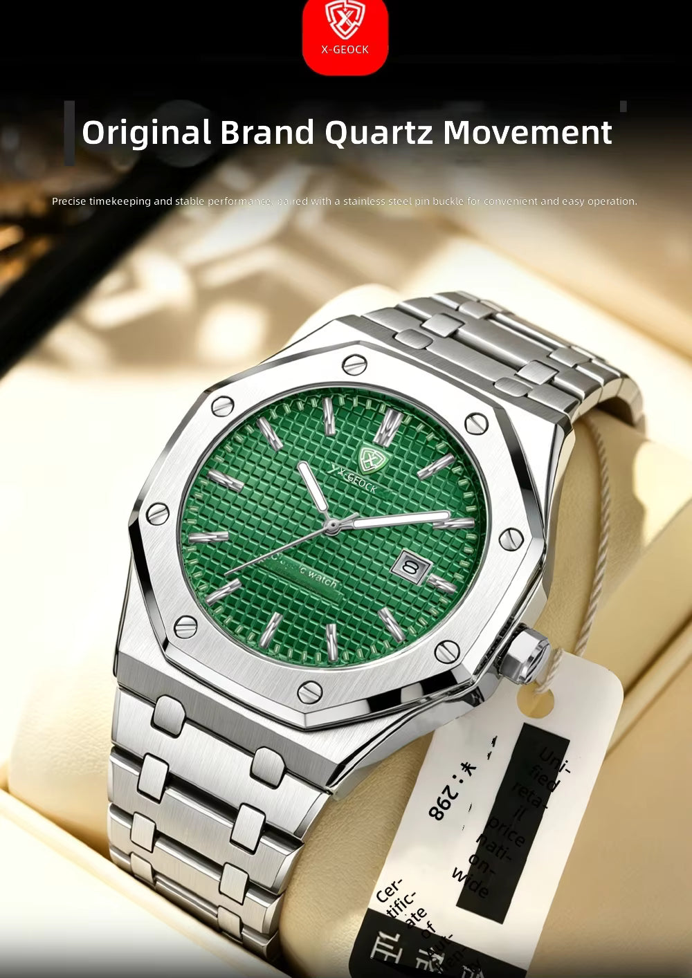 X-GEQCK Men's Watch Big Dial Silver Stainless Steel Strap Calendar Quartz Watches Waterproof Luminous Male Classic Wristwatches