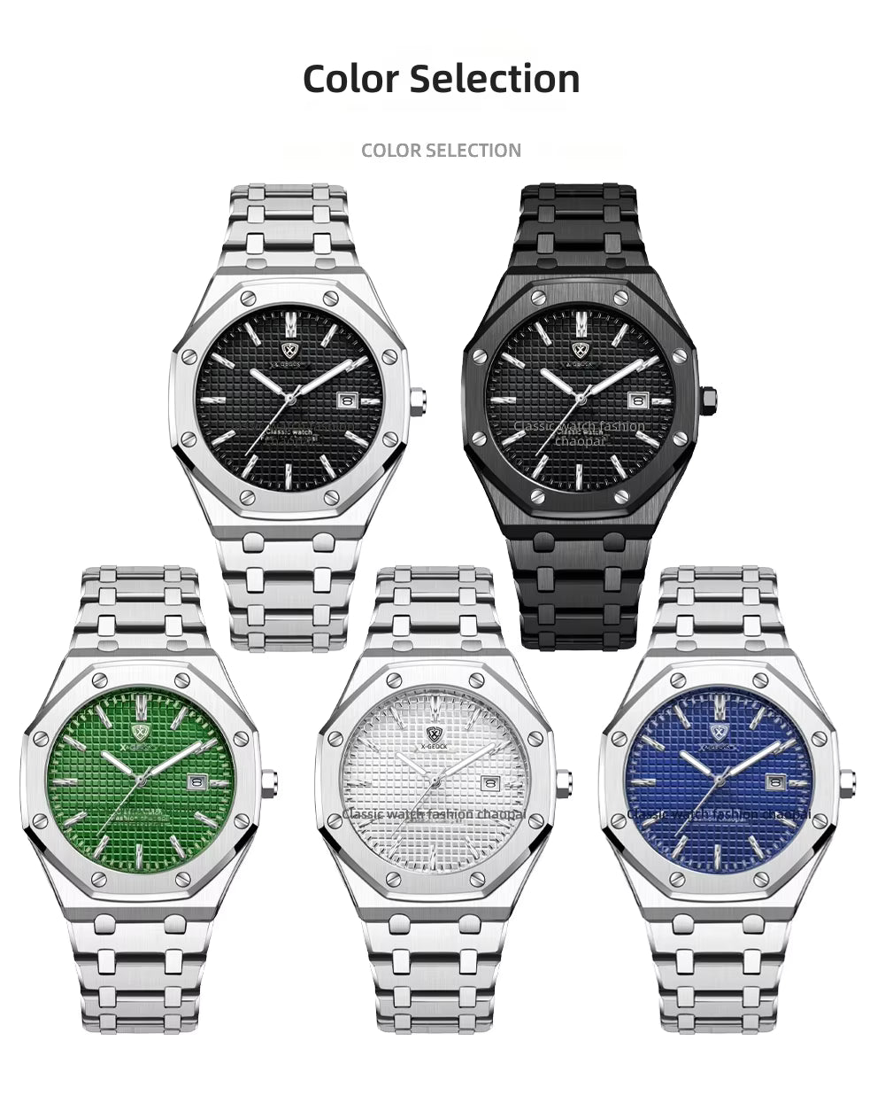 X-GEQCK Men's Watch Big Dial Silver Stainless Steel Strap Calendar Quartz Watches Waterproof Luminous Male Classic Wristwatches