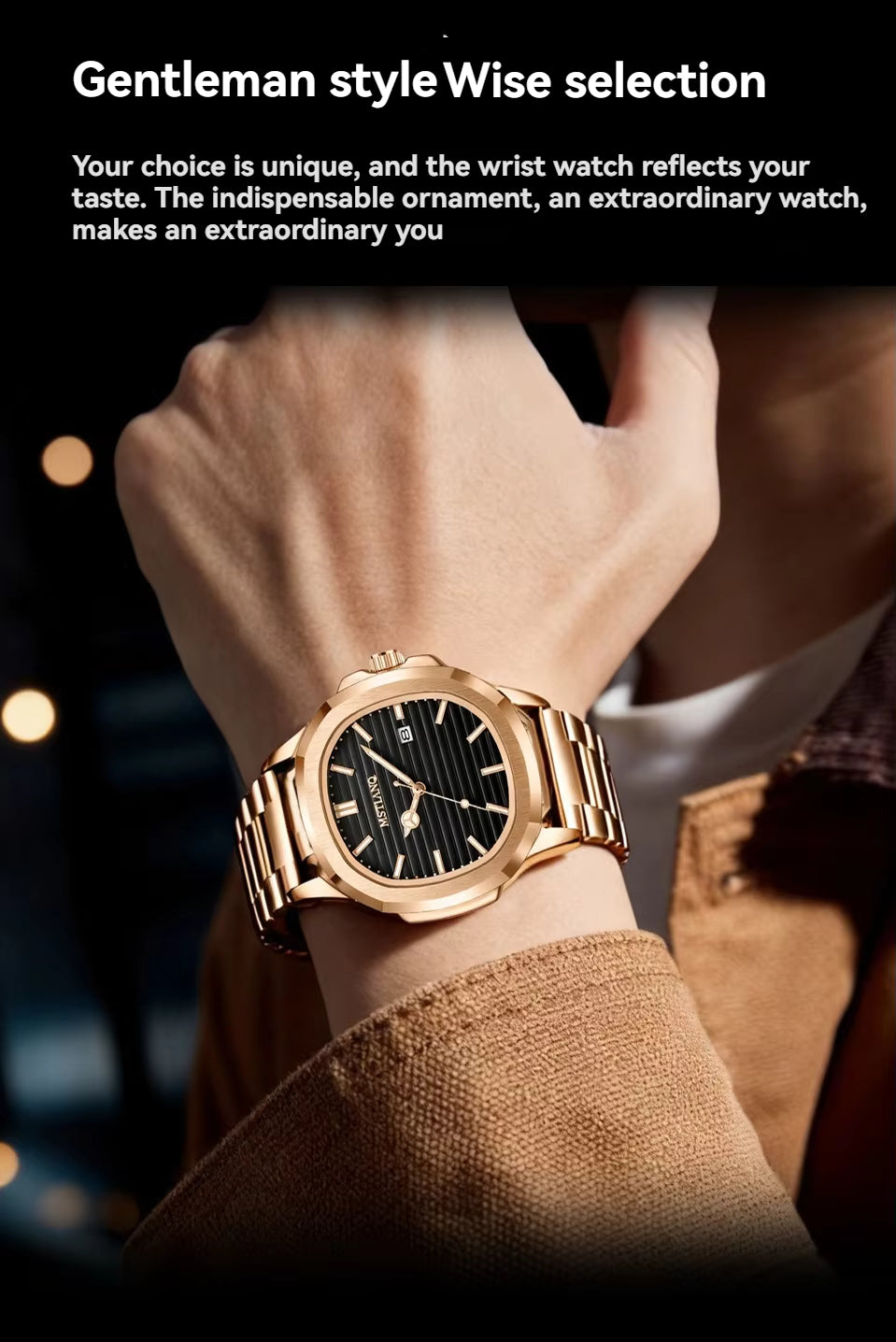 Fashionable Luxury Rose Gold square Men's Quartz Watch Waterproof Luminous Calendar Dating Men's Stainless Steel Strap