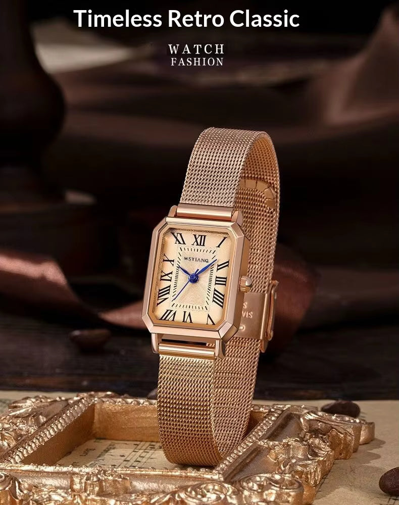 Classic Rectangular Roman Numerals Fashionable Women's Watch Rose Gold Life Waterproof Quartz Watch