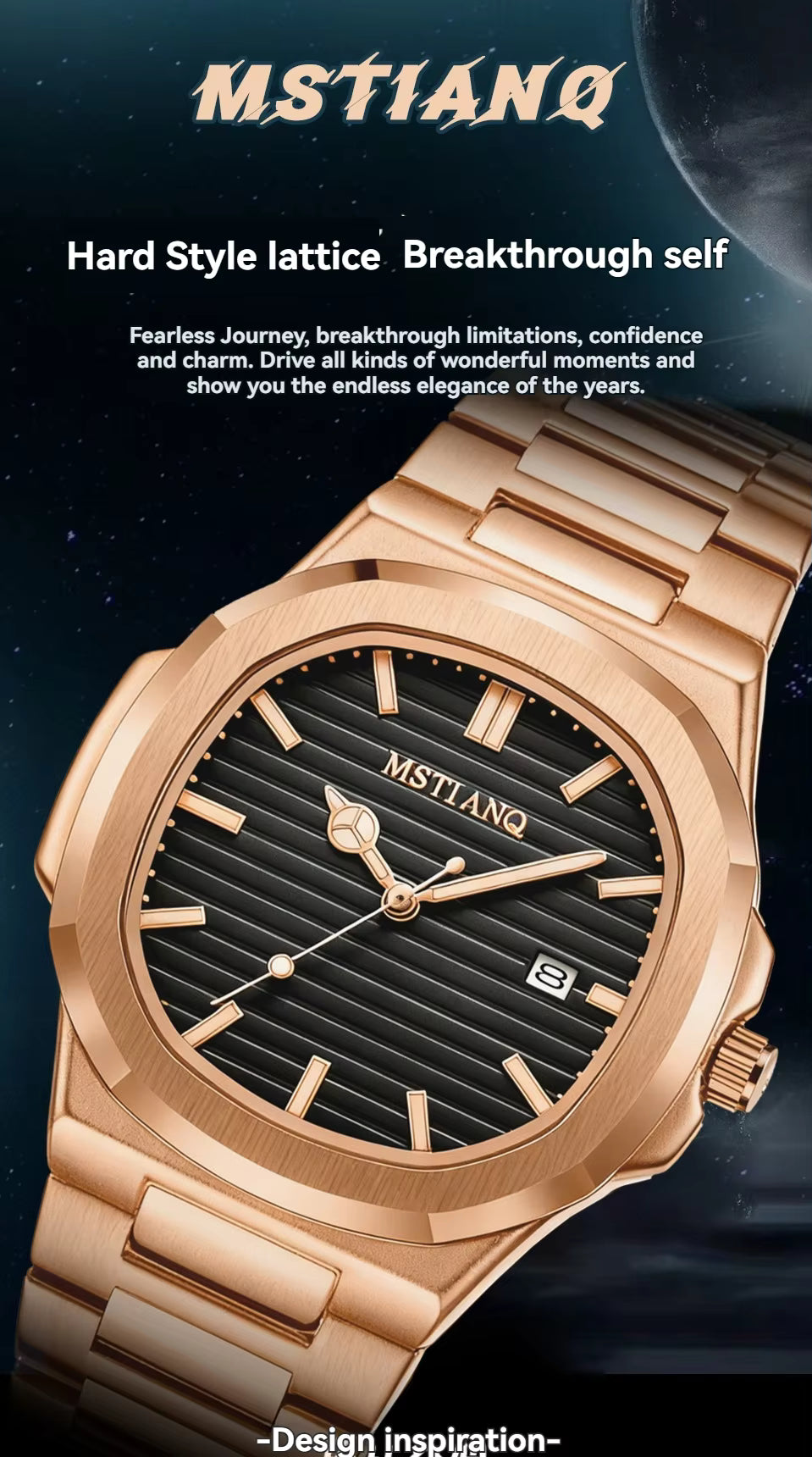 Fashionable Luxury Rose Gold square Men's Quartz Watch Waterproof Luminous Calendar Dating Men's Stainless Steel Strap