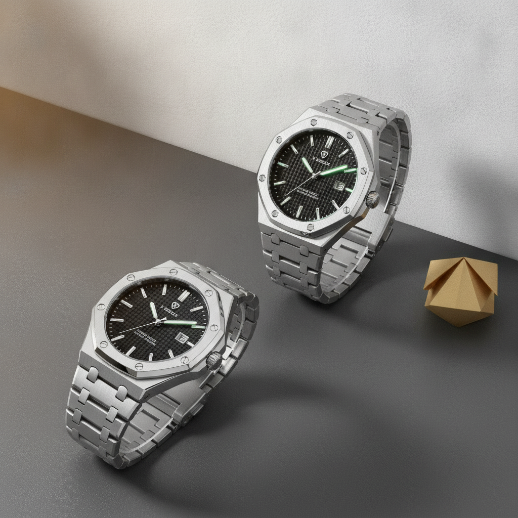 Two X-GEQCK men's watches with large silver dials and stainless steel straps on a minimalist charcoal and white background, w